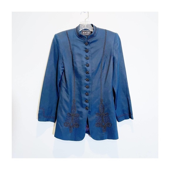 Anya Silk Blue Embroidered Details Mandarin Collar Blazer SZ4 - Picture 1 of 7